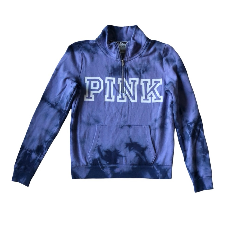 PINK Victoria’s Secret S Quarter Zip Sweatshirt Dog EUC Purple Blue Tie Dye